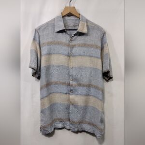Tasso Elba 100% Linen Stripped Button Shirt Mens M Blue Tan Beach Vacation Retro